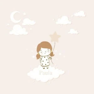 Sueño infantil con niña en nube y estrella, personalizable con nombre. Diseño adorable para álbumes infantiles.