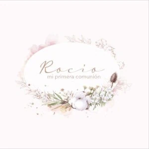 Alto texto: Álbum para primera comunión Rocío con diseño floral y elegante.
