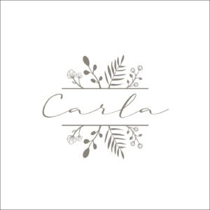 1. Etiqueta ALT: Logo elegante de "Carla" con ramas y flores en tonos grises, diseño minimalista.