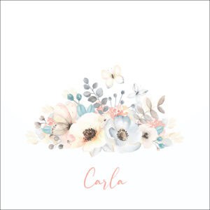 Flores pastel y mariposas en álbum personalizado con nombre "Carla" para ocasiones especiales.