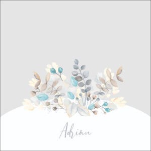 Sueños en acuarela con hojas y ramas en tonos azules y grises, perfecto para álbumes de recuerdos y eventos especiales.
