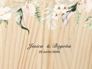 Personaliza tu álbum de boda con diseño de flores y madera, perfecto para recuerdos especiales y celebración.
