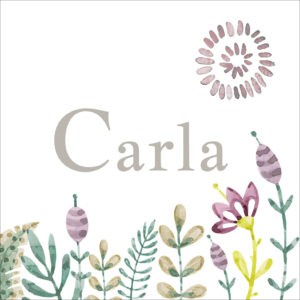 Panel de álbum personalizado con nombre "Carla" y diseño floral en tonos pastel, ideal para recuerdos y regalos.