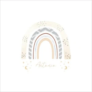 Arco de colores pastel con nombres y detalles de estrellas y lunas, ideal para álbumes infantiles y recuerdos personalizados.