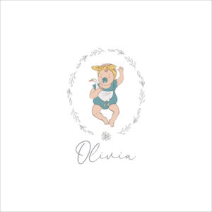 Sueño infantil con bebé soñando con gaviota en ciruelo y letras Olivia.