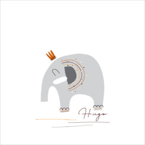 Elefante infantil con diseño moderno y nombre Hugo, ideal para álbumes de bebé y regalos personalizados.