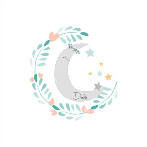 Dibujo de álbum para bebé con luna, estrellas y naturaleza, ideal para 3F álbumes de recuerdos infantiles.