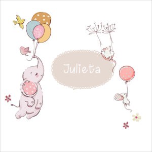 Elefante rosa con globos y ratones en estilo infantil, personalizado con nombre Julieta.