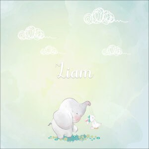 Dibujo de álbum infantil con elefante y conejo protagonista, estilo suave y dulce para niños.