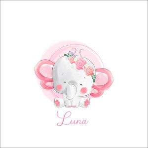 Elefante bebé con corona de flores y fondo blanco, ideal para álbumes de recuerdos infantiles.