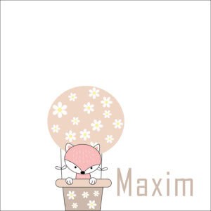 Dibujo de zorro adorable en florero con flores blancas y nombre Maxim ilustración infantil.