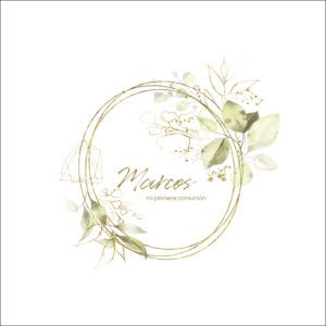 Tarjeta de primera comunión con diseño floral en tonos verdes y dorados para niños Marcos 3F.