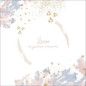 Alto en oro y pastel, invitación moderna para primera comunión de Irene con diseño elegante.