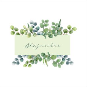 Hojas verdes y bouquet floral en estilo elegante, diseño para álbumes personalizados.