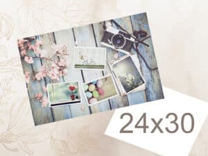 Fotografía de álbumes 3F para impresión en tamaño 24x30 con fotos, cámara y elementos decorativos florales.