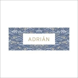 Arte de diseño de álbum personalizado con nombre Adrián en elegante portada azul y dorado para recuerdos.