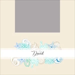Bebé álbum de fotos marino personalizado con nombre David, temática de conchas y estrellas de mar.
