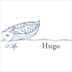 Barco de madera en línea azul con conchas y estrella de mar purpura, diseño para álbumes personalizados.