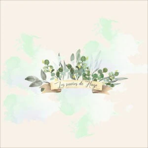 Verde y gris acuarela con texto "Los sueños de Hugo" en lazo decorativo.