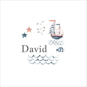 Barco de bebé con nombre personalizado, temática náutica, ideal para álbumes infantiles, recuerdos y regalos personalizados.