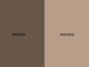 Suelo color marrón y beige con textos "MADERA" y "MATERIAL" sobre fondo dividido.