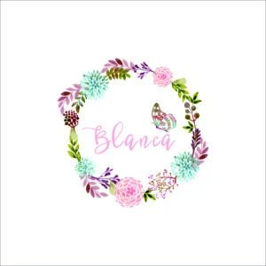 Árbol de flores y mariposa con el nombre Blanca en estilo floral y delicado.