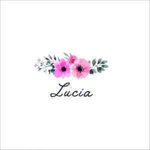 Azafata personalizada para álbumes de boda y eventos especiales, con diseño floral y nombre Lucia.