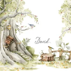 Álbumes infantiles personalizados con ilustraciones de árboles y aves, ideales para recuerdos y regalos especiales.
