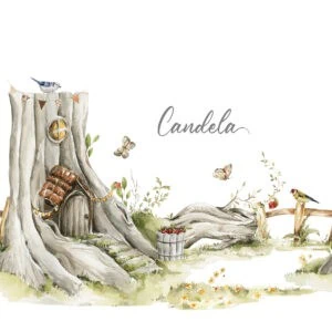 Jardín de hadas con árbol y casita de ciervo, ilustración de estilo acuarela.