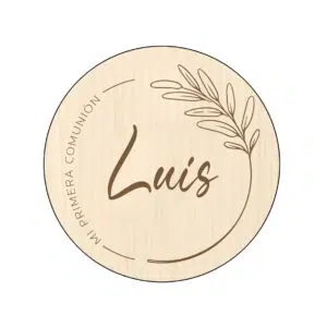 1. Etiqueta de logotipo redonda con diseño de rama y nombre Luis en tonos marrón claro.