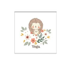 Dibujo adorable de un erizo con flores y nombre personalizado Vega, en álbum de fotos infantil.