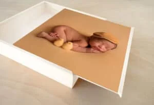 Bebé durmiendo en álbum de fotos con temática de recién nacido y ratoncitos de peluche.