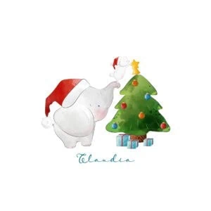 Sonriente elefante navideño con gorro, decorando árbol de Navidad con regalos, imagen delicada y festiva.