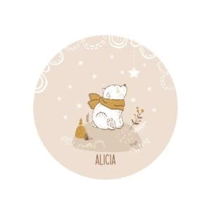 Dibujo de oso en estilo infantil, con fondo navideño y texto con nombre Alicia.