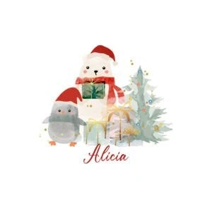 Dibujo navideño con oso y pingüino con gorros de Santa, árbol y regalos, personalizado con nombre Alicia.