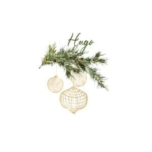 Letras y adornos navideños en ramas de pino para álbumes de fotos personalizados.
