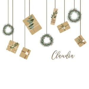 Tarjeta de Navidad con regalo y guirnalda, diseño elegante y personalizado.