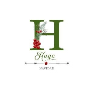 H letra decorada con ramas de pino y adornos navideños, ideal para álbumes de Navidad y recuerdos festivos.