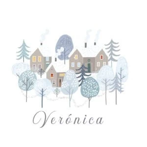 Casa de invierno con árboles nevados, ideal para álbumes de recuerdos personalizados.