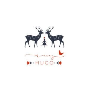 Dúo de renos navideños con árbol de Navidad en fondo blanco, diseño festivo para álbumes de Navidad.