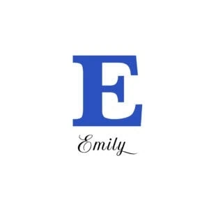 Elegante logotipo con la letra E en color azul y el nombre Emily en estilo cursivo.