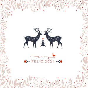 Caballetes de Navidad con árbol y mensaje de Feliz 2024, estilo navideño elegante y minimalista.