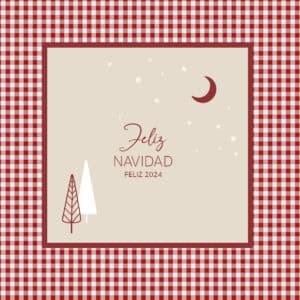 Árbol de Navidad y luna en diseño de tarjeta de Feliz Navidad 2024.