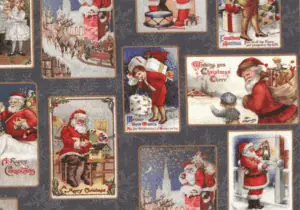1. Tarjeta de Navidad vintage con Papá Noel y escenas festivas tradicionales.