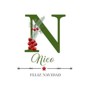 Árbol de Navidad con letra N decorada con acebo y pino, ideal para álbumes navideños.
