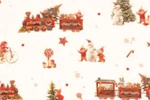 Tren navideño y duendes en papel de regalo, decoraciones festivas de Navidad.