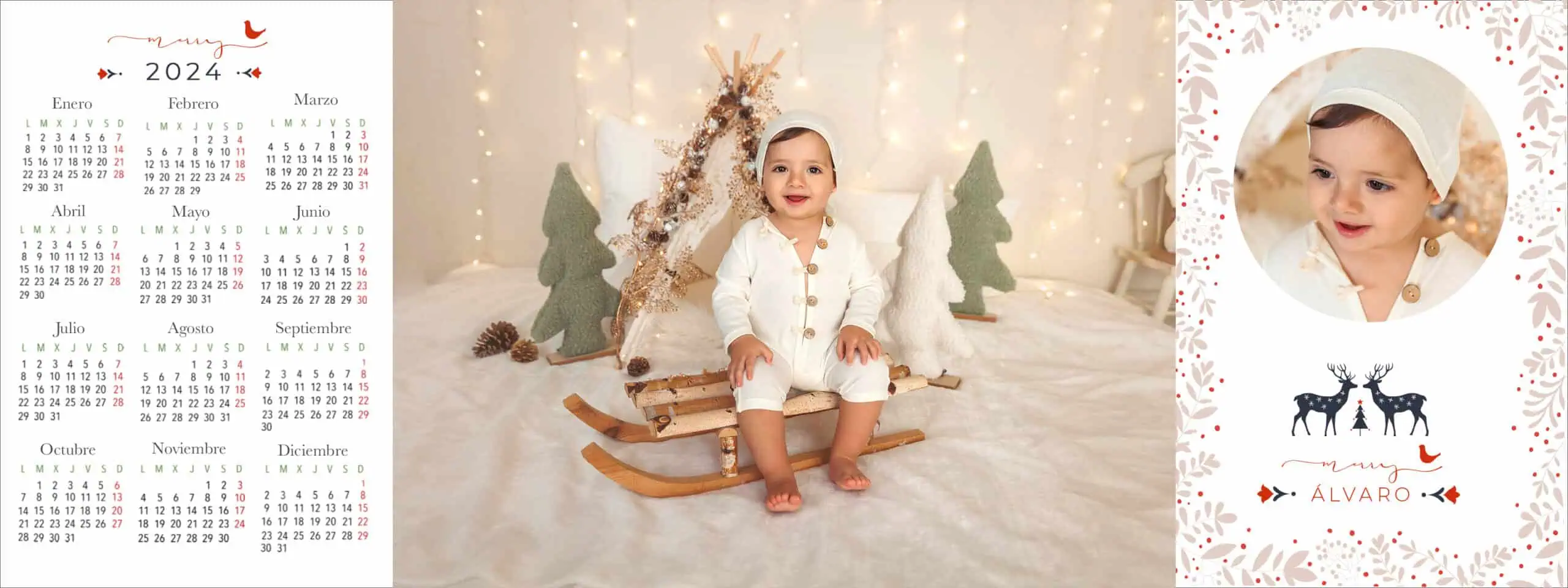 Baby niño en Navidad con decoración festiva y árboles de decoración, perfecta para álbumes de recuerdos navideños.